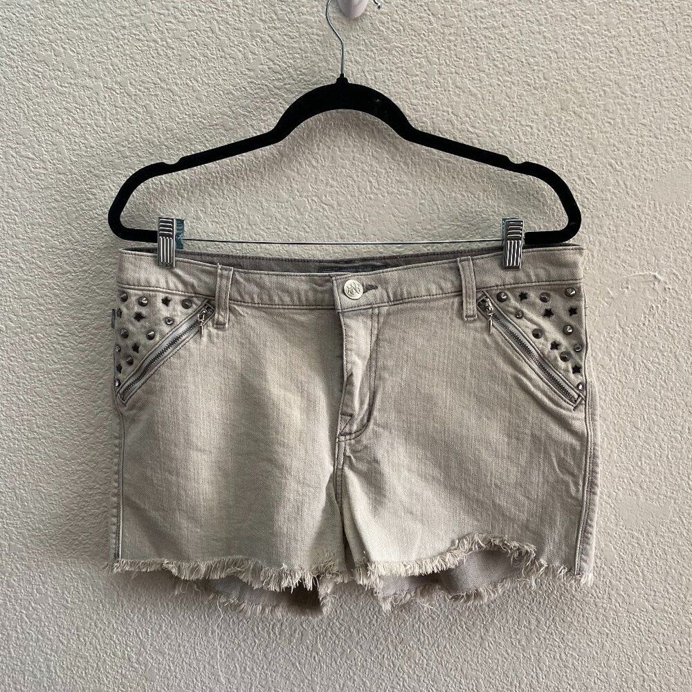 VTG Y2K Rock & Republic Pixie Studded Zip Pockets Raw Hem Denim Shorts 14 Gray